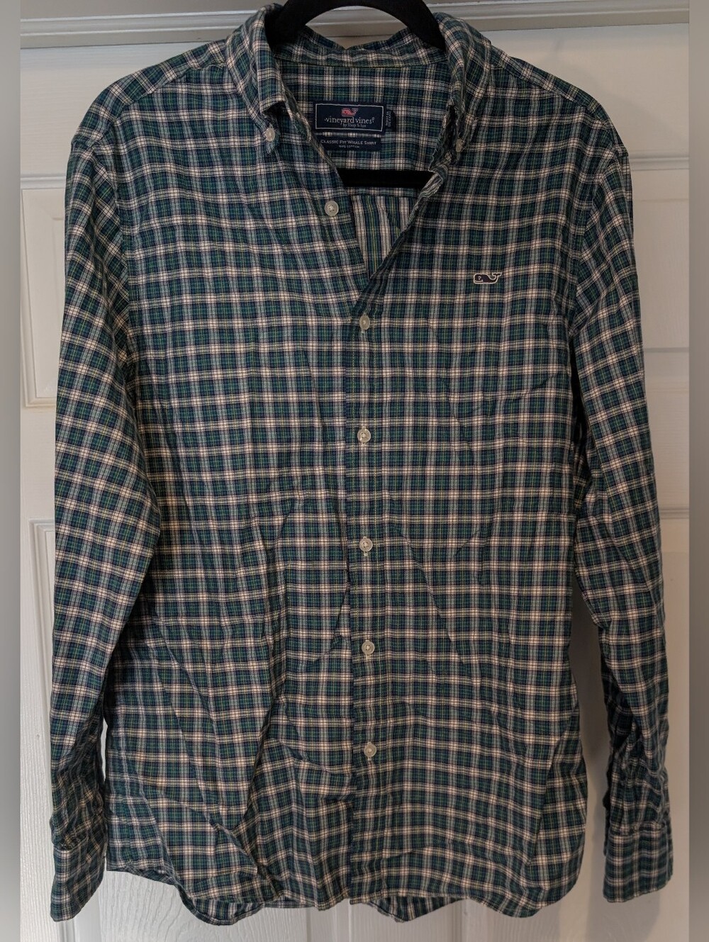 Vineyard Vines Men's Classic Fit Whale Shirt 100% Cotton Green White Blue Plaid